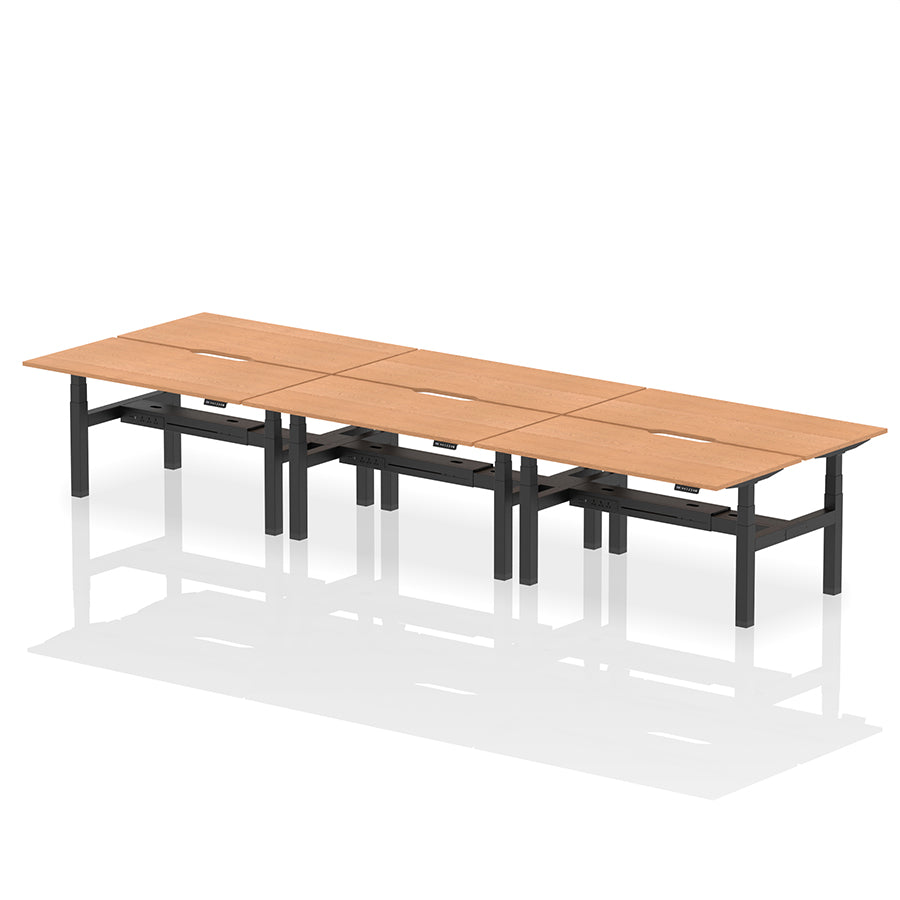 Air Back-to-Back Scalloped Edge Height Adjustable Bench Desk - 6 Person W1600mm oak top with black frame