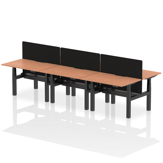 Air Back-to-Back Scalloped Edge Height Adjustable Bench Desk - 6 Person with Black Straight Screen W1200mm beech top with black frame