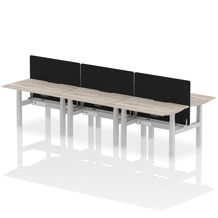 Air Back-to-Back Scalloped Edge Height Adjustable Bench Desk - 6 Person with Black Straight Screen W1200mm grey oak top with silver frame