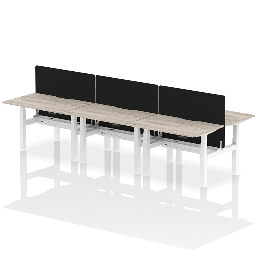 Air Back-to-Back Scalloped Edge Height Adjustable Bench Desk - 6 Person with Black Straight Screen W1200mm grey oak top with white frame