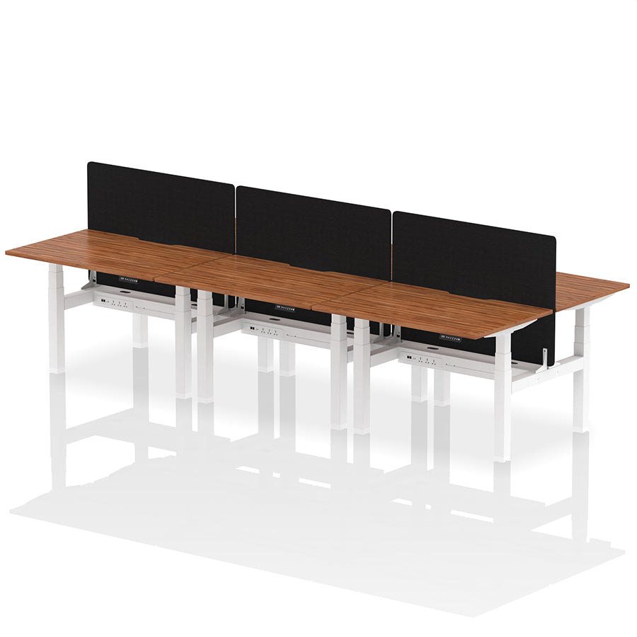 Air Back-to-Back Scalloped Edge Height Adjustable Bench Desk - 6 Person with Black Straight Screen W1200mm walnut top with white frame