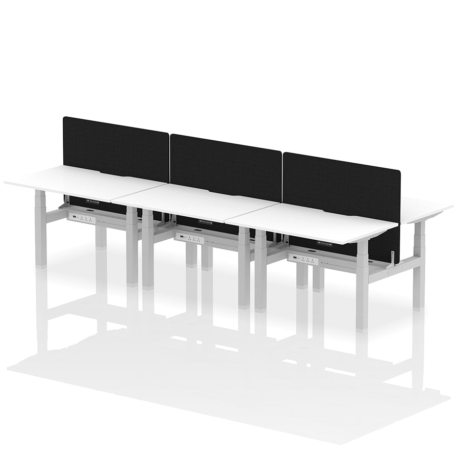 Air Back-to-Back Scalloped Edge Height Adjustable Bench Desk - 6 Person with Black Straight Screen W1200mm white top with silver frame