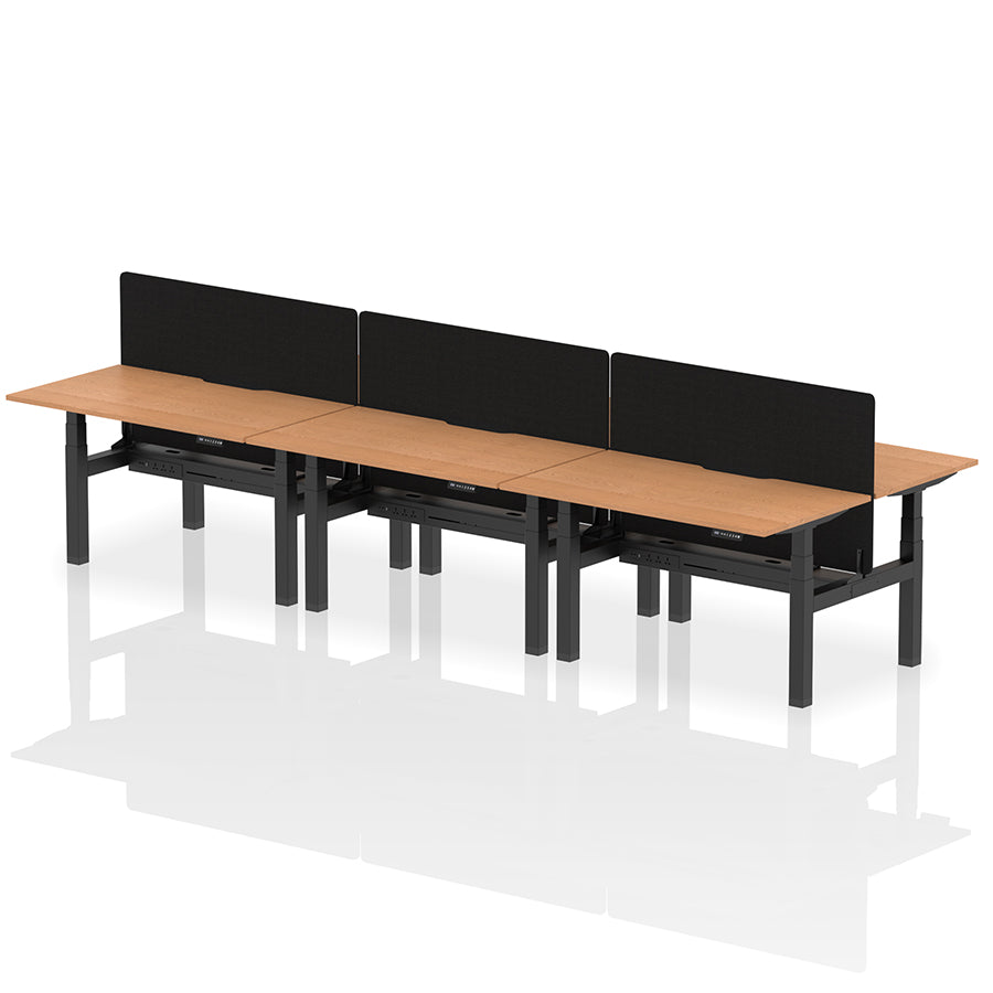 Air Back-to-Back Scalloped Edge Height Adjustable Bench Desk - 6 Person with Black Straight Screen W1400mm oak top with black frame