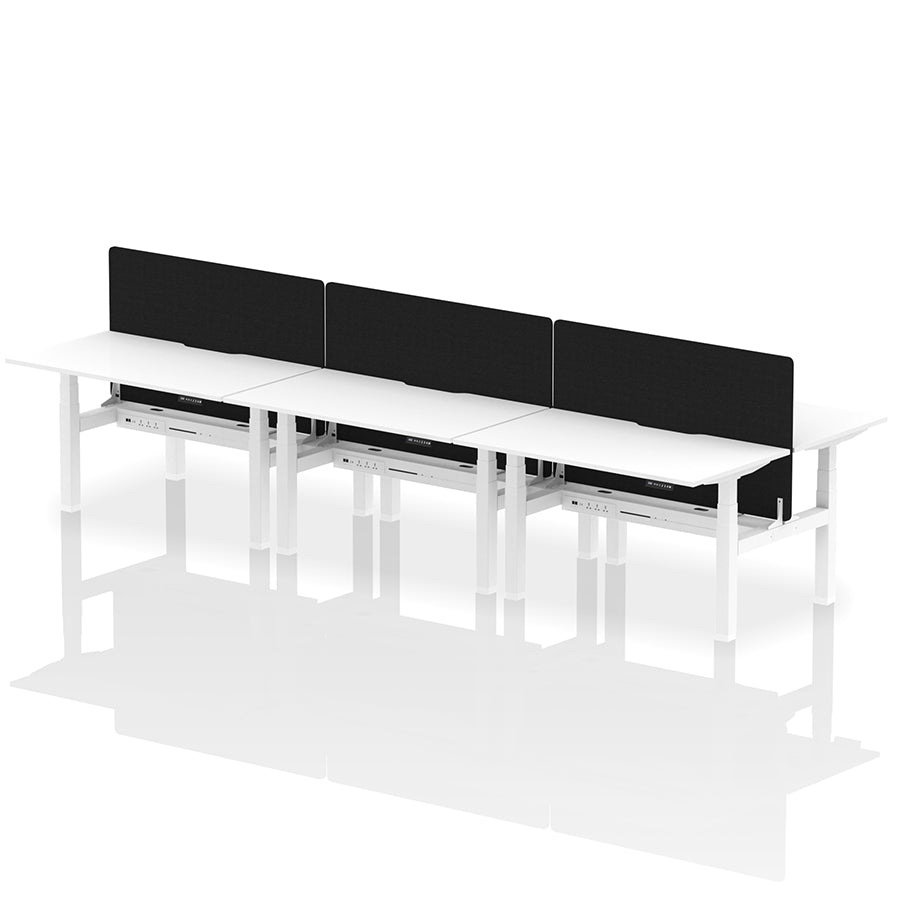 Air Back-to-Back Scalloped Edge Height Adjustable Bench Desk - 6 Person with Black Straight Screen W1400mm white top with white frame
