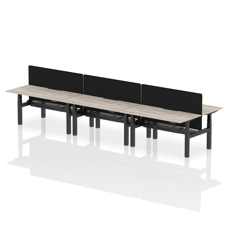 Air Back-to-Back Scalloped Edge Height Adjustable Bench Desk - 6 Person with Black Straight Screen W1600mm grey oak top with black frame