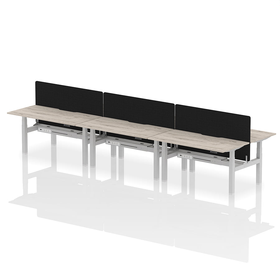 Air Back-to-Back Scalloped Edge Height Adjustable Bench Desk - 6 Person with Black Straight Screen W1600mm grey oak top with silver frame