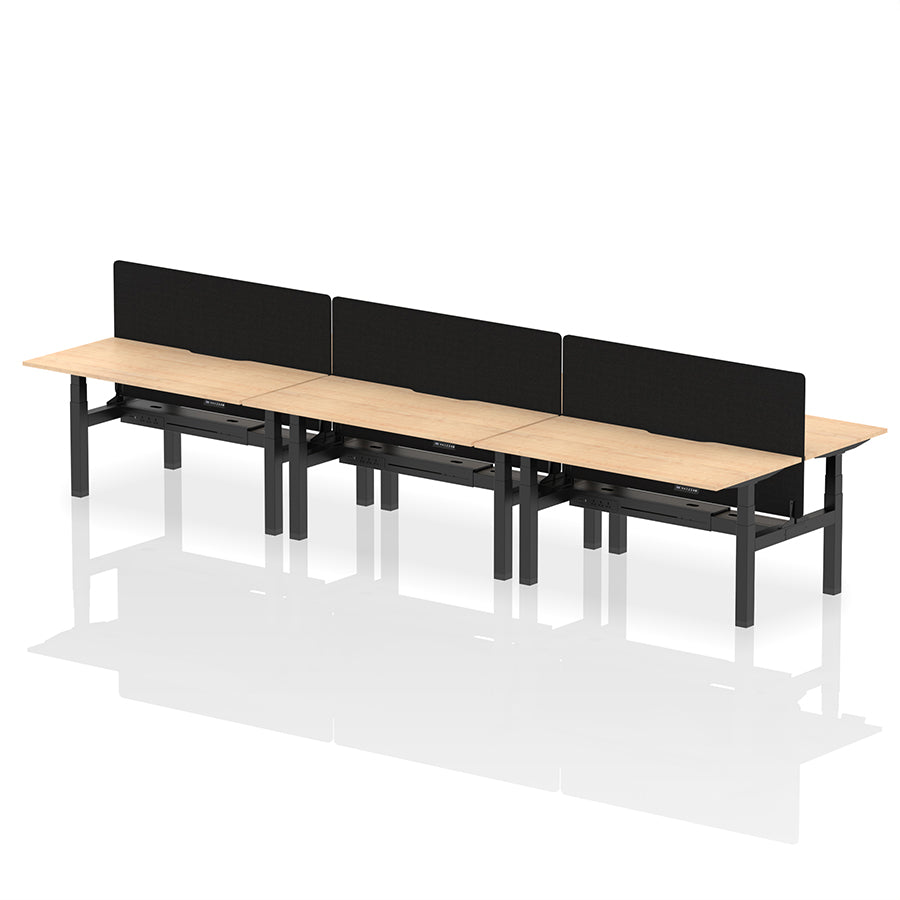 Air Back-to-Back Scalloped Edge Height Adjustable Bench Desk - 6 Person with Black Straight Screen W1600mm maple top with black frame