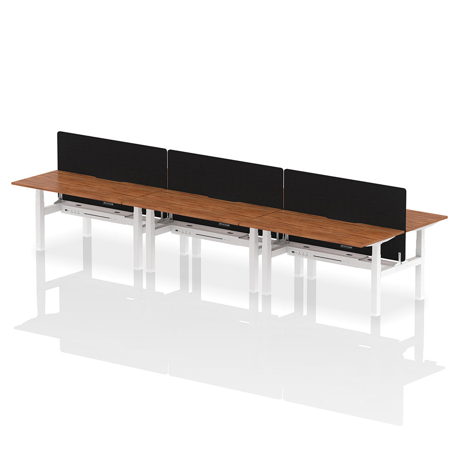 Air Back-to-Back Scalloped Edge Height Adjustable Bench Desk - 6 Person with Black Straight Screen W1600mm walnut top with white frame