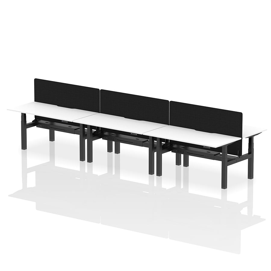 Air Back-to-Back Scalloped Edge Height Adjustable Bench Desk - 6 Person with Black Straight Screen W1600mm white top with black frame