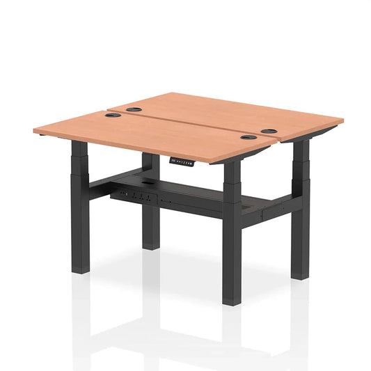 Air Back-to-Back Slimline Height Adjustable Bench Desk - 2 Person with cable ports W1200mm beech top with black frame