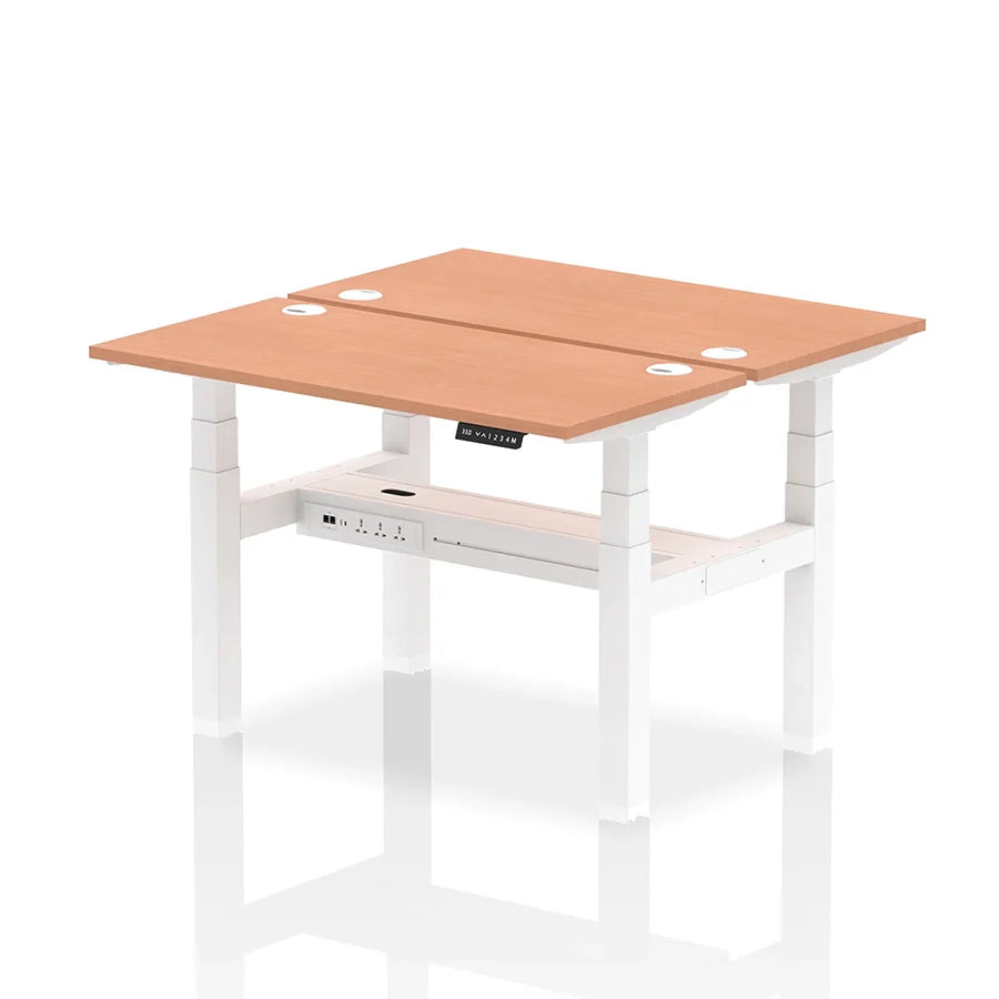 Air Back-to-Back Slimline Height Adjustable Bench Desk - 2 Person with cable ports W1200mm beech top with white frame