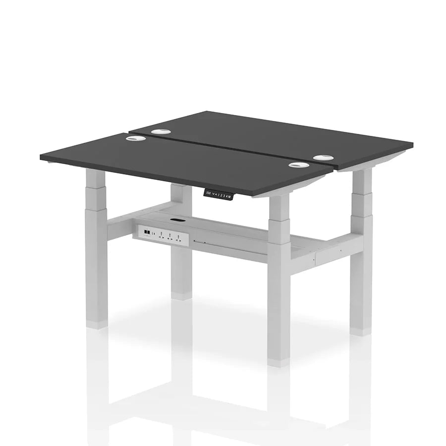 Air Back-to-Back Slimline Height Adjustable Bench Desk - 2 Person with cable ports W1200mm black top with silver frame