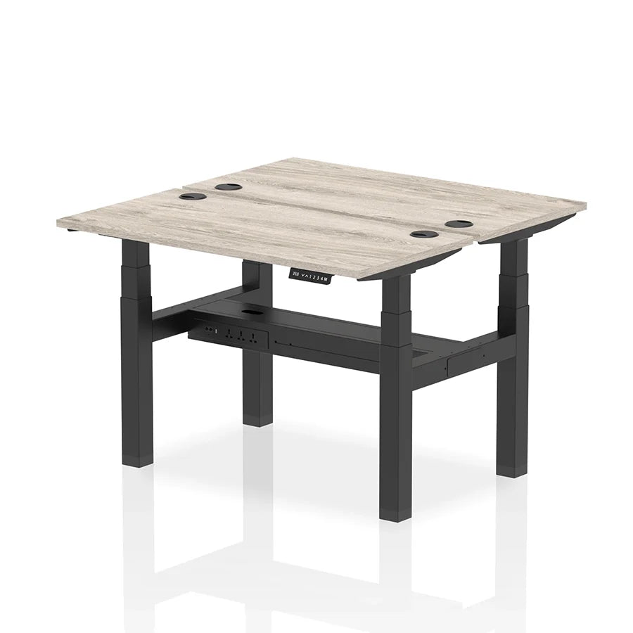 Air Back-to-Back Slimline Height Adjustable Bench Desk - 2 Person with cable ports W1200mm grey oak top with black frame