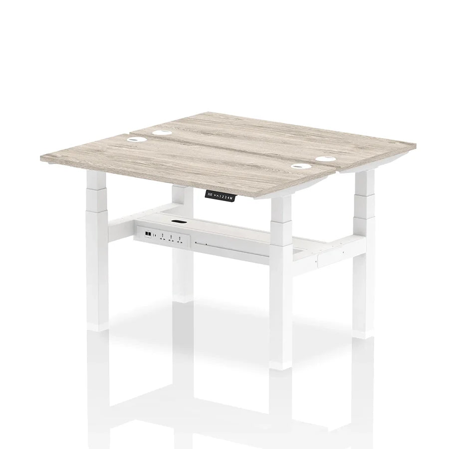 Air Back-to-Back Slimline Height Adjustable Bench Desk - 2 Person with cable ports W1200mm grey oak top with white frame