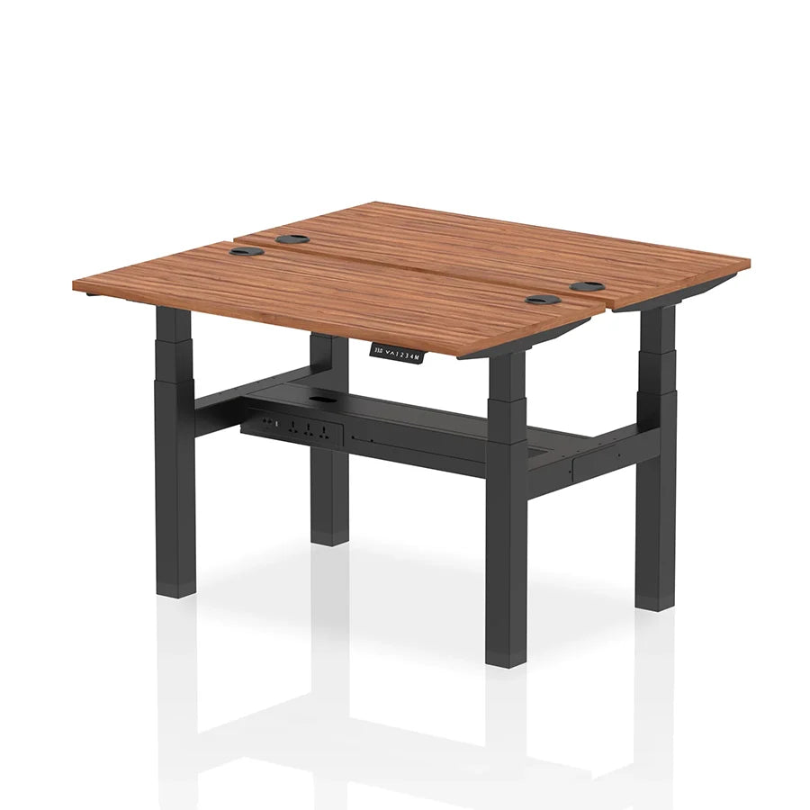 Air Back-to-Back Slimline Height Adjustable Bench Desk - 2 Person with cable ports W1200mm walnut top with black frame