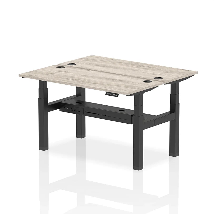 Air Back-to-Back Slimline Height Adjustable Bench Desk - 2 Person with cable ports W1400mm grey oak top with black frame