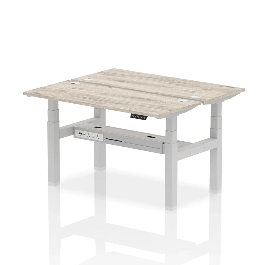Air Back-to-Back Slimline Height Adjustable Bench Desk - 2 Person with cable ports W1400mm grey oak top with silver frame