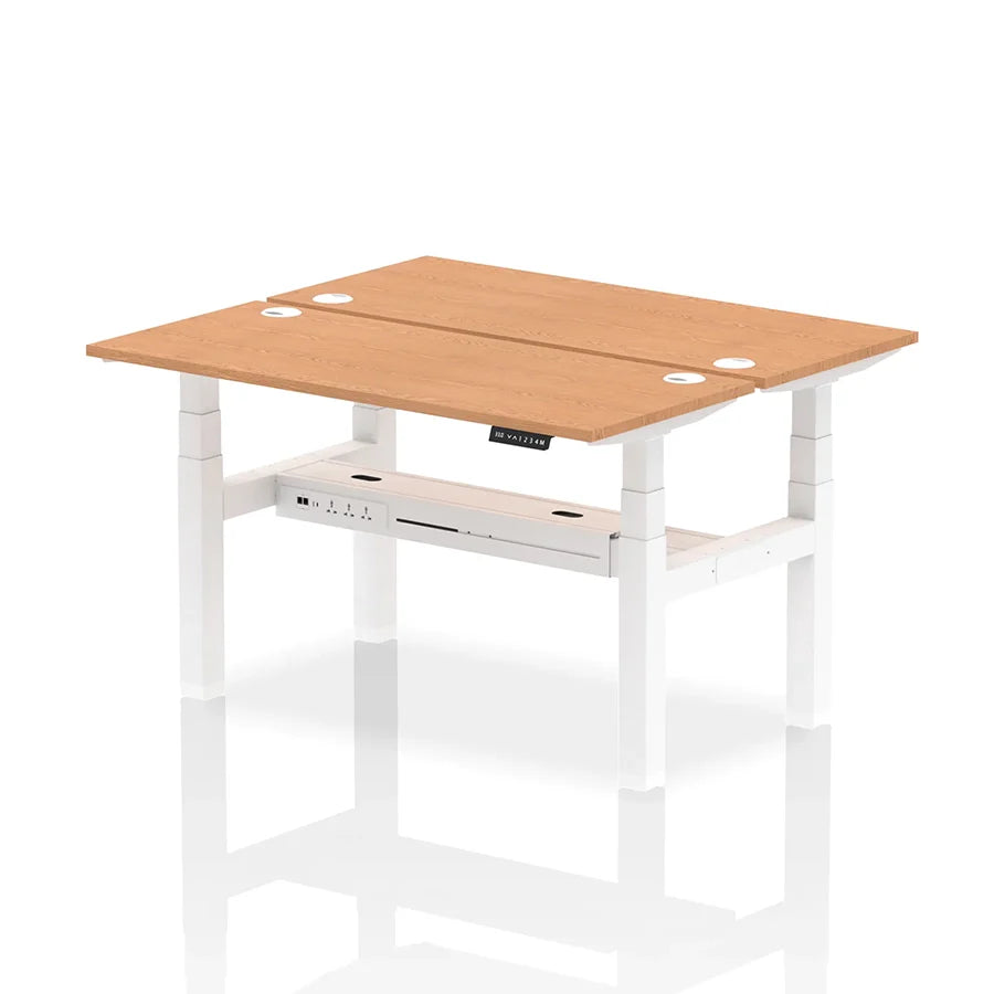 Air Back-to-Back Slimline Height Adjustable Bench Desk - 2 Person with cable ports W1400mm oak top with white frame