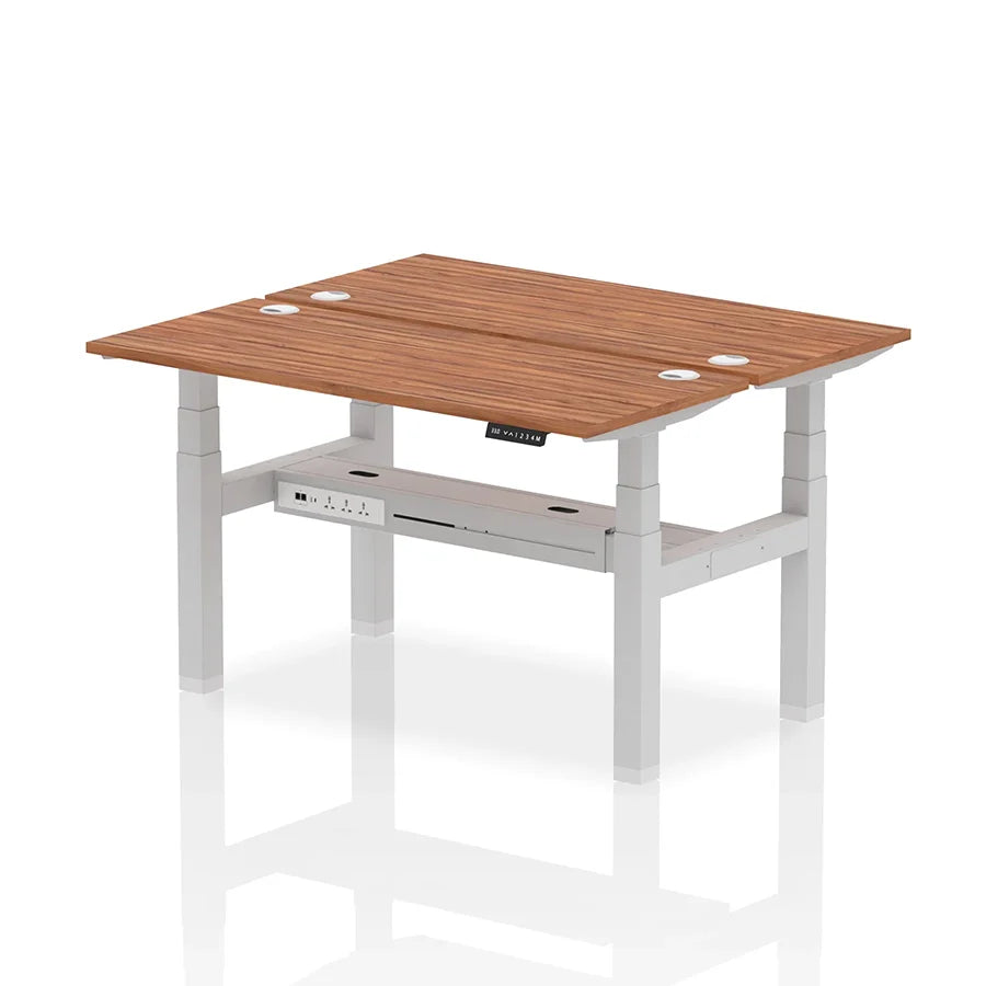Air Back-to-Back Slimline Height Adjustable Bench Desk - 2 Person with cable ports W1400mm walnut top with silver frame