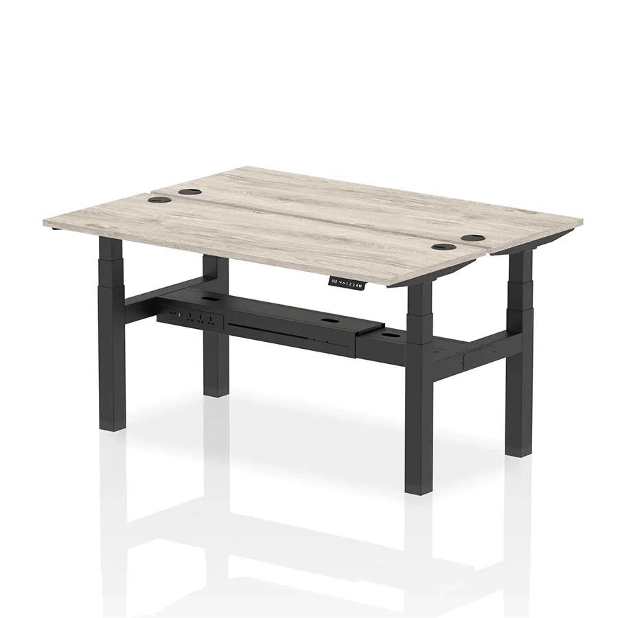 Air Back-to-Back Slimline Height Adjustable Bench Desk - 2 Person with cable ports W1600mm grey oak top with black frame