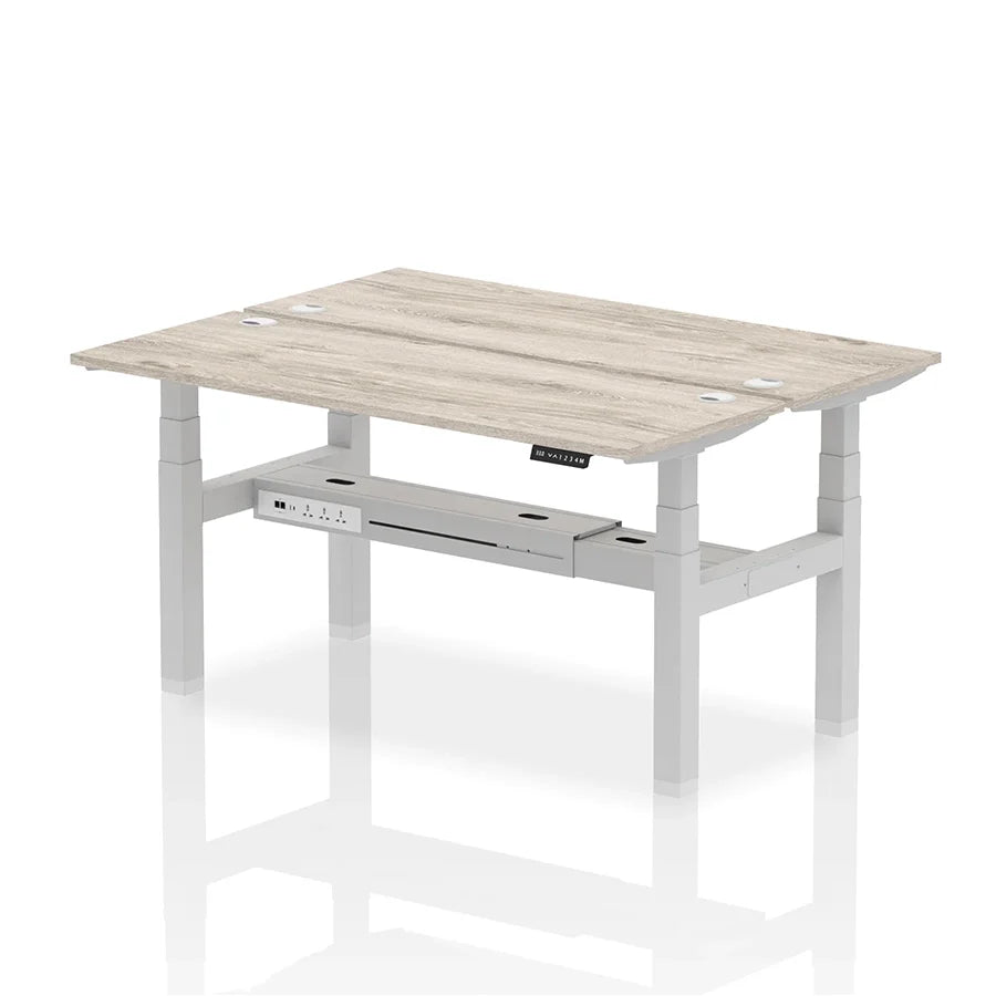 Air Back-to-Back Slimline Height Adjustable Bench Desk - 2 Person with cable ports W1600mm grey oak top with silver frame