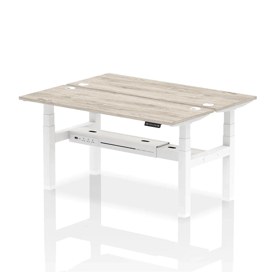 Air Back-to-Back Slimline Height Adjustable Bench Desk - 2 Person with cable ports W1600mm grey oak top with white frame