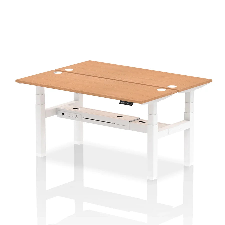 Air Back-to-Back Slimline Height Adjustable Bench Desk - 2 Person with cable ports W1600mm oak top with white frame
