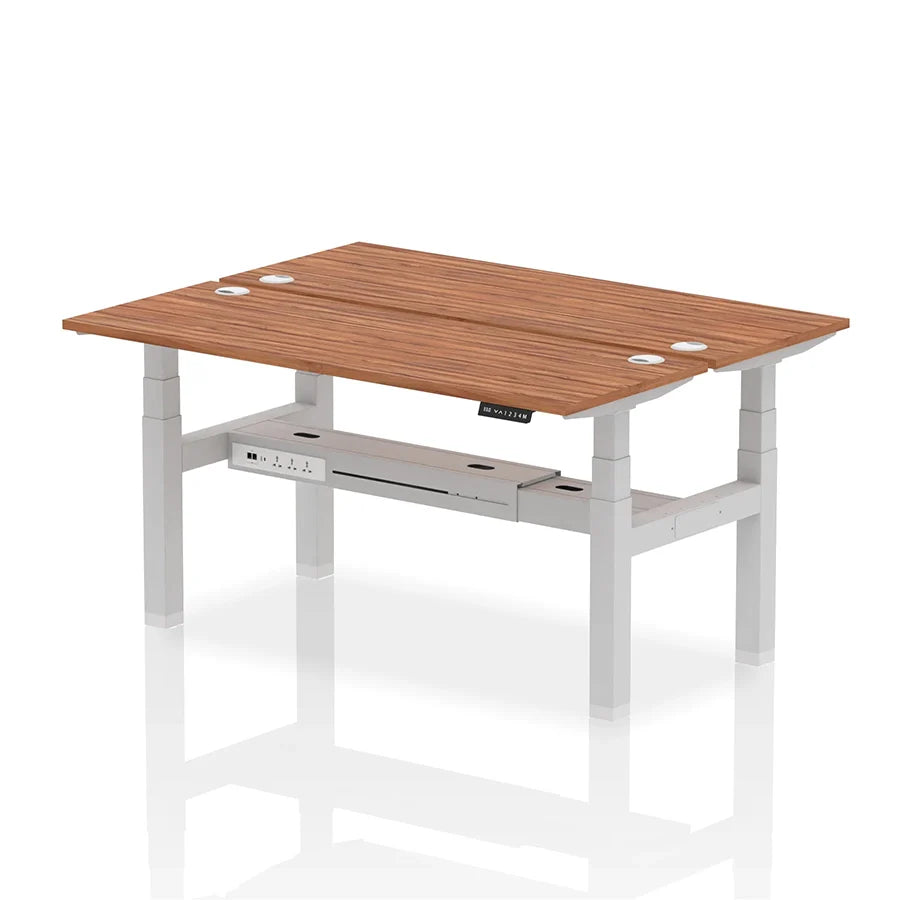 Air Back-to-Back Slimline Height Adjustable Bench Desk - 2 Person with cable ports W1600mm walnut top with silver frame