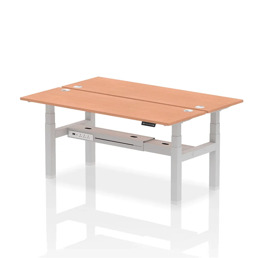 Air Back-to-Back Slimline Height Adjustable Bench Desk - 2 Person with cable ports W1800mm beech top with silver frame