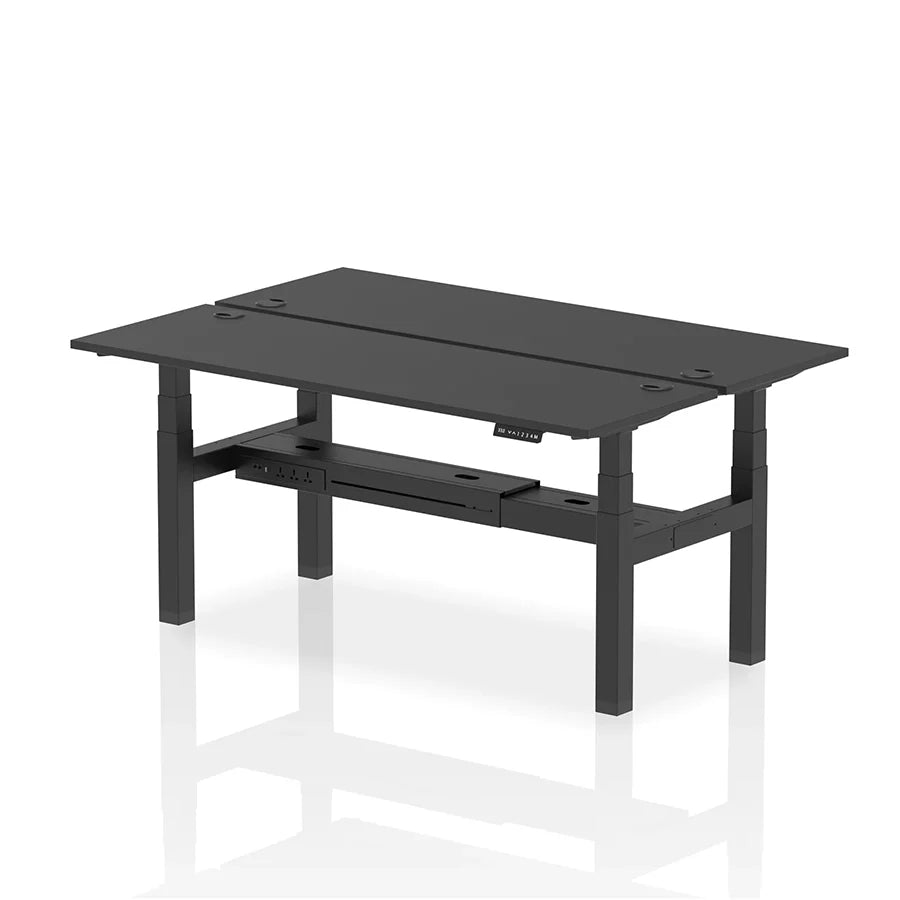 Air Back-to-Back Slimline Height Adjustable Bench Desk - 2 Person with cable ports W1800mm black top with black frame