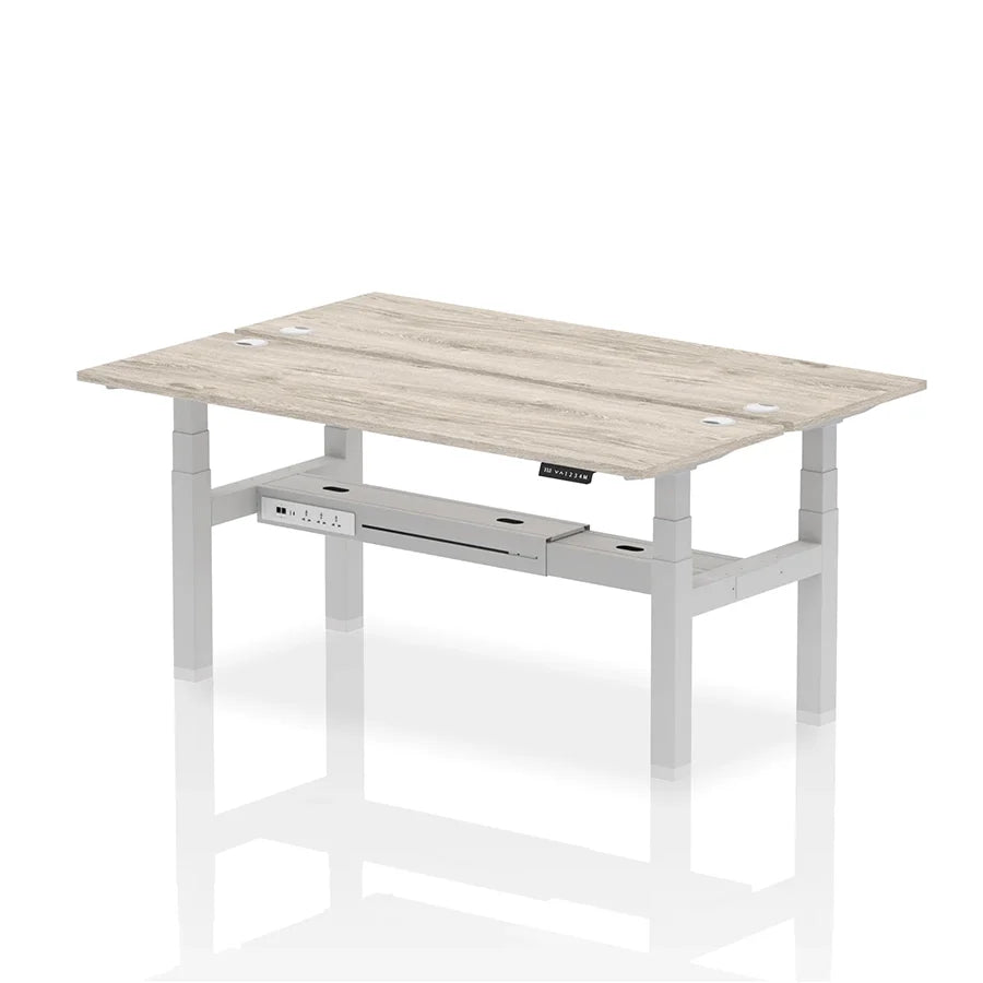 Air Back-to-Back Slimline Height Adjustable Bench Desk - 2 Person with cable ports W1800mm grey oak top with silver frame