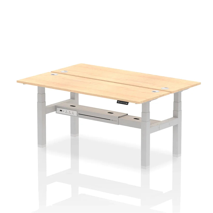 Air Back-to-Back Slimline Height Adjustable Bench Desk - 2 Person with cable ports W1800mm maple top with silver frame