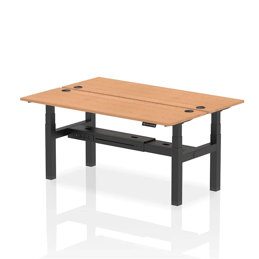 Air Back-to-Back Slimline Height Adjustable Bench Desk - 2 Person with cable ports W1800mm oak top with black frame