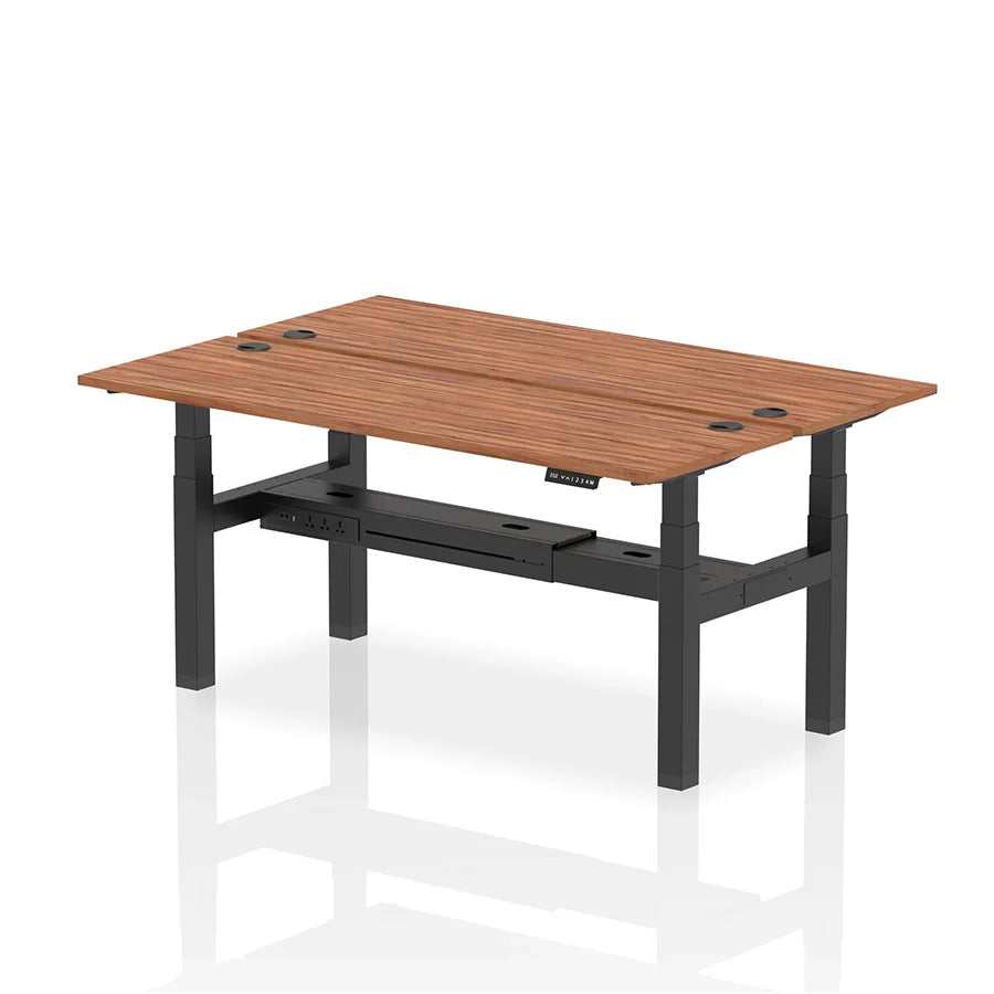 Air Back-to-Back Slimline Height Adjustable Bench Desk - 2 Person with cable ports W1800mm walnut top with black frame