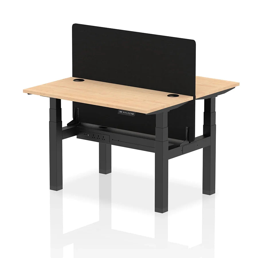 Air Back-to-Back Slimline Height Adjustable Bench Desk - 2 Person with cable ports and black straight screen W1200mm maple top with black frame