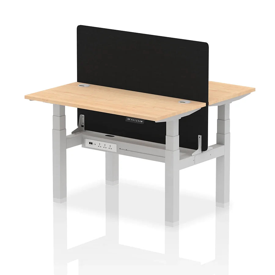 Air Back-to-Back Slimline Height Adjustable Bench Desk - 2 Person with cable ports and black straight screen W1200mm maple top with silver frame