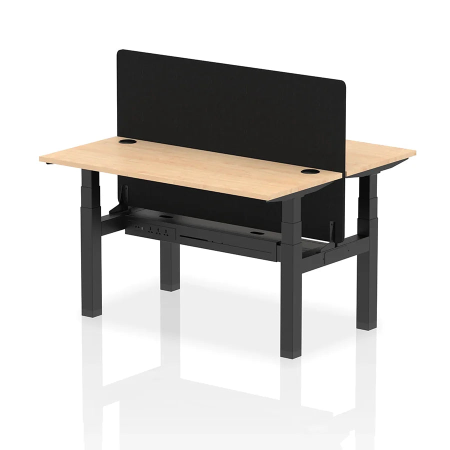 Air Back-to-Back Slimline Height Adjustable Bench Desk - 2 Person with cable ports and black straight screen W1400mm maple top with black frame