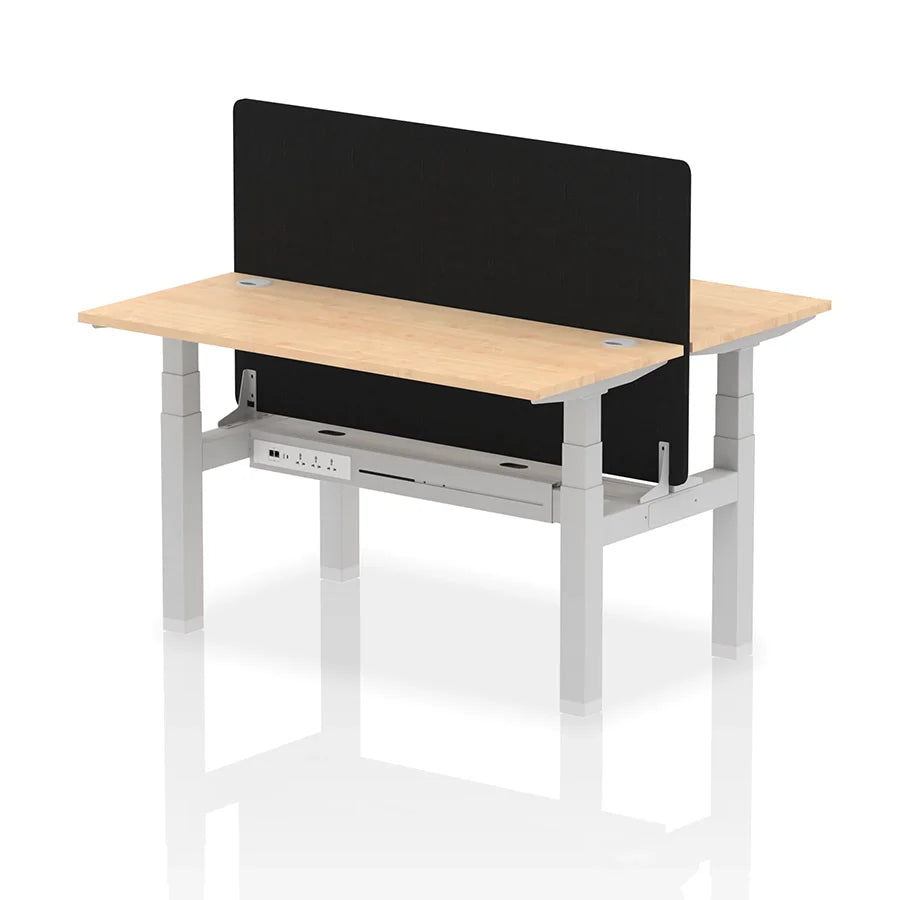 Air Back-to-Back Slimline Height Adjustable Bench Desk - 2 Person with cable ports and black straight screen W1400mm maple top with silver frame