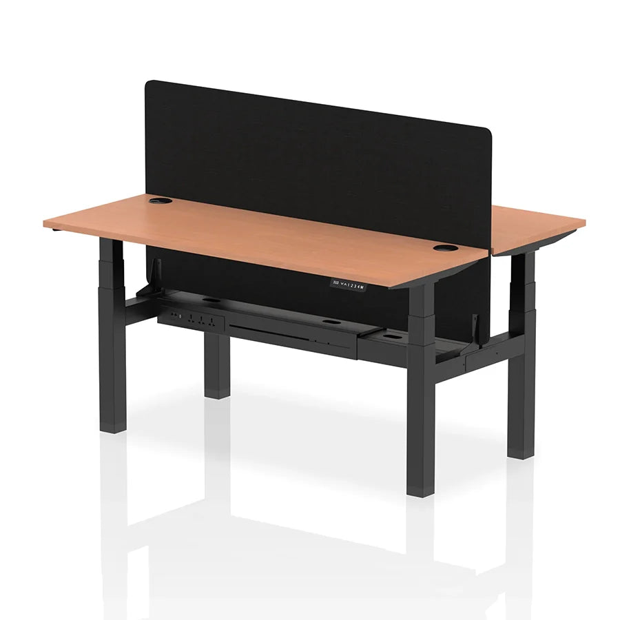 Air Back-to-Back Slimline Height Adjustable Bench Desk - 2 Person with cable ports and black straight screen W1600m beech top with black frame