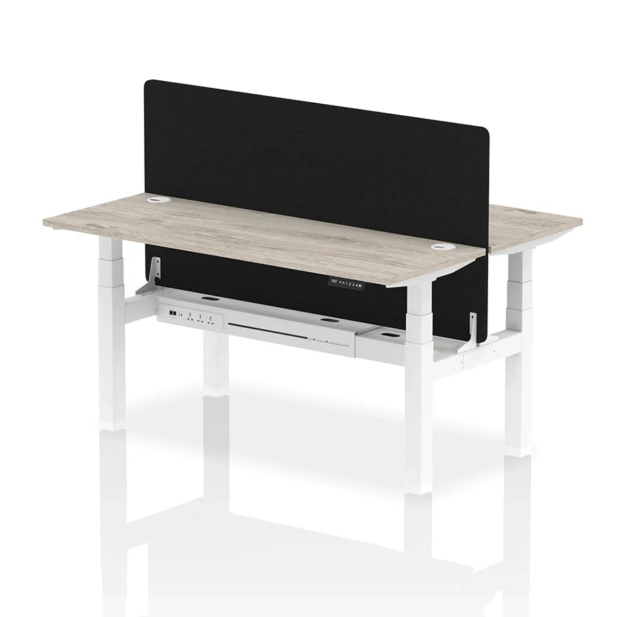 Air Back-to-Back Slimline Height Adjustable Bench Desk - 2 Person with cable ports and black straight screen W1600m grey oak top with white frame