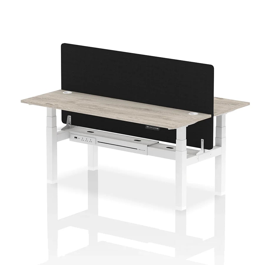 Air Back-to-Back Slimline Height Adjustable Bench Desk - 2 Person with cable ports and black straight screen W1800m grey oak top with white frame