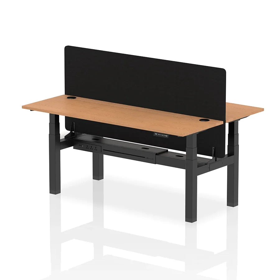 Air Back-to-Back Slimline Height Adjustable Bench Desk - 2 Person with cable ports and black straight screen W1800m oak top with black frame