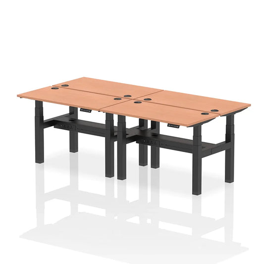 Air Back-to-Back Slimline Height Adjustable Bench Desk - 4 Person with cable ports W1200mm beech top with black frame