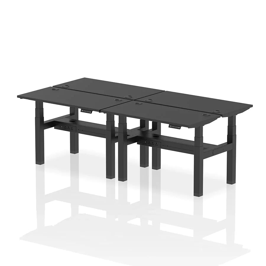 Air Back-to-Back Slimline Height Adjustable Bench Desk - 4 Person with cable ports W1200mm black top with black frame