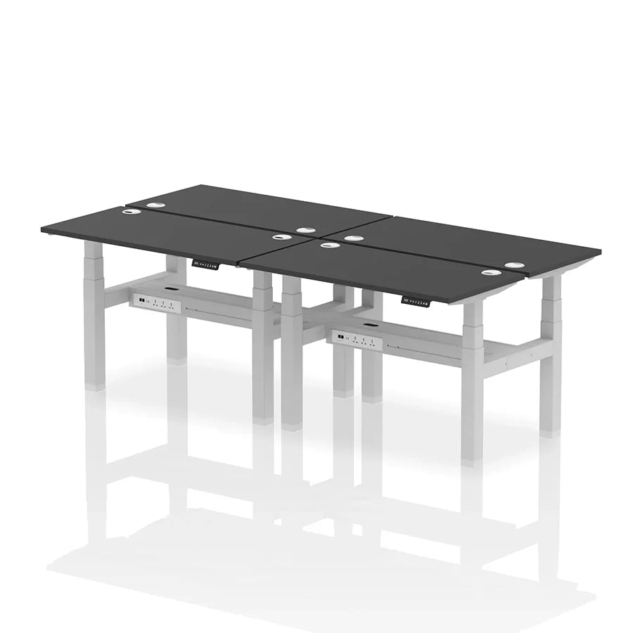 Air Back-to-Back Slimline Height Adjustable Bench Desk - 4 Person with cable ports W1200mm black top with silver frame