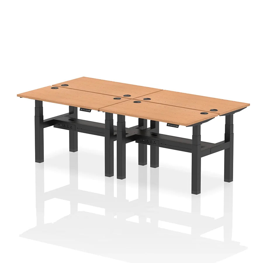 Air Back-to-Back Slimline Height Adjustable Bench Desk - 4 Person with cable ports W1200mm oak top with black frame