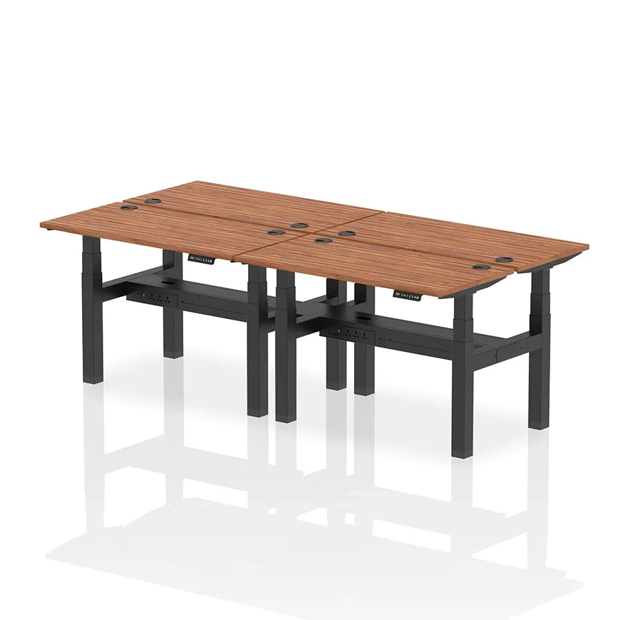 Air Back-to-Back Slimline Height Adjustable Bench Desk - 4 Person with cable ports W1200mm walnut top with black frame