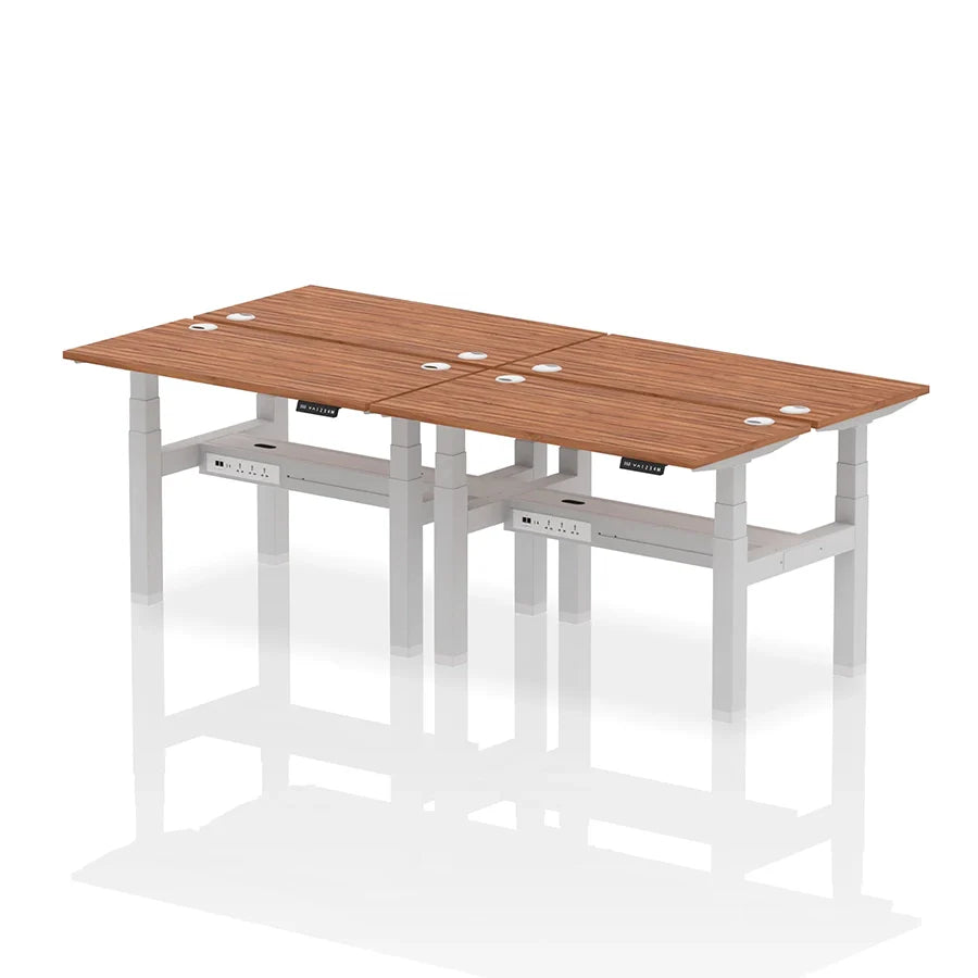 Air Back-to-Back Slimline Height Adjustable Bench Desk - 4 Person with cable ports W1200mm walnut top with silver frame