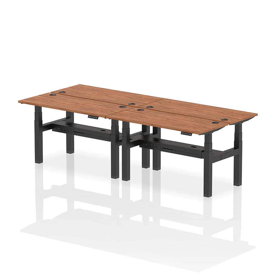 Air Back-to-Back Slimline Height Adjustable Bench Desk - 4 Person with cable ports W1400mm walnut top with black frame