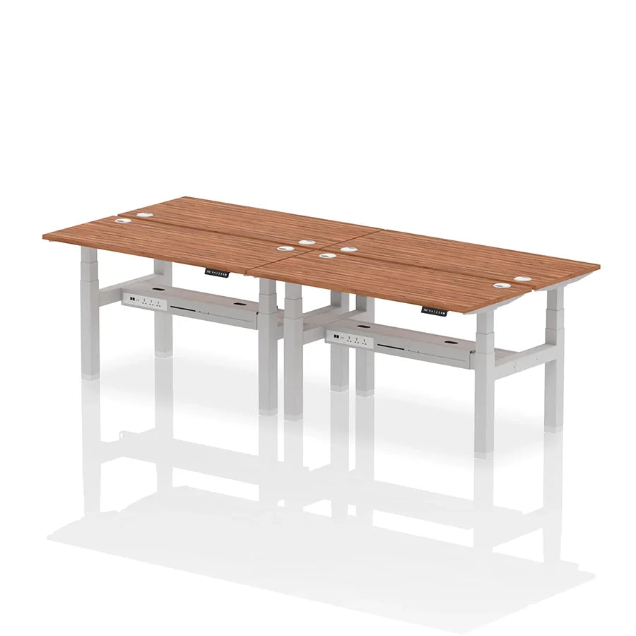 Air Back-to-Back Slimline Height Adjustable Bench Desk - 4 Person with cable ports W1400mm walnut top with silver frame
